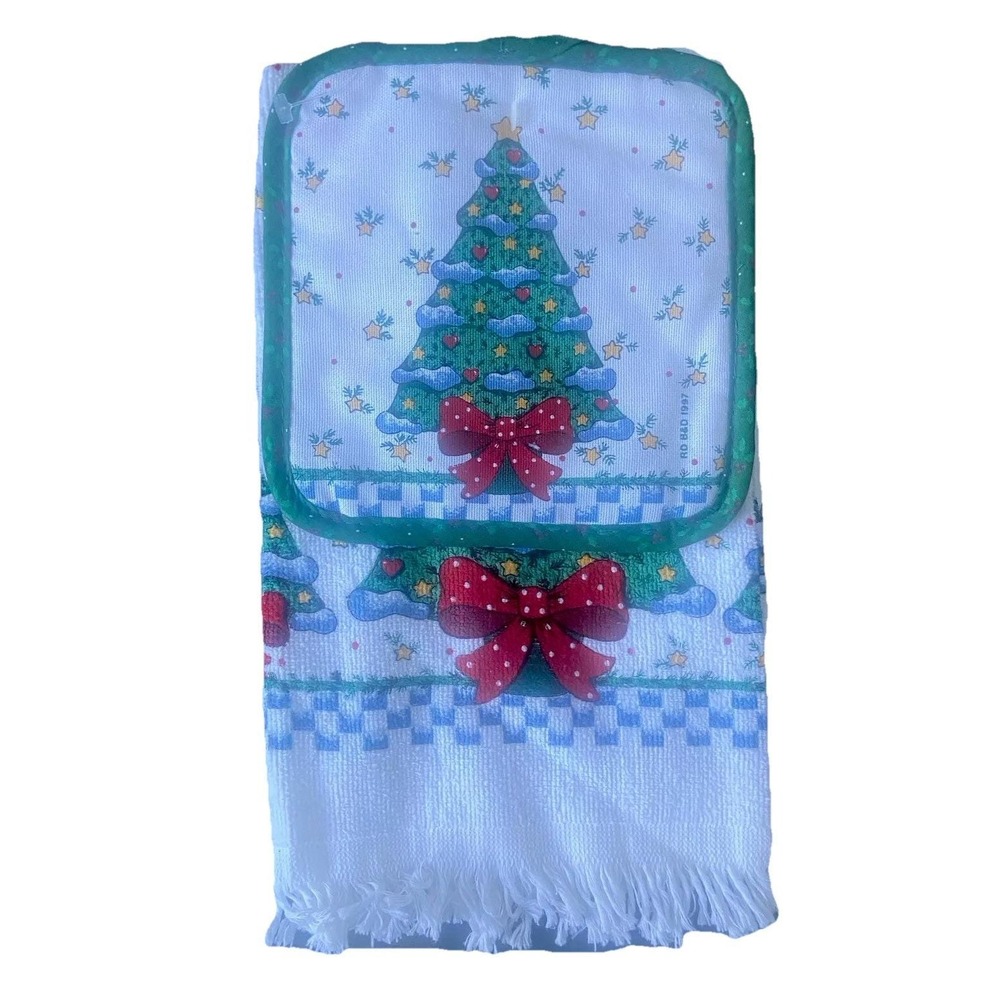 Vintage 1990's Christmas Tree B&D Kitchenworks Pot Holder Towel Set Xmas Festive